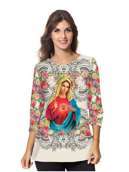 Baby look 3/4 moda católica Sagrado Coração de Maria